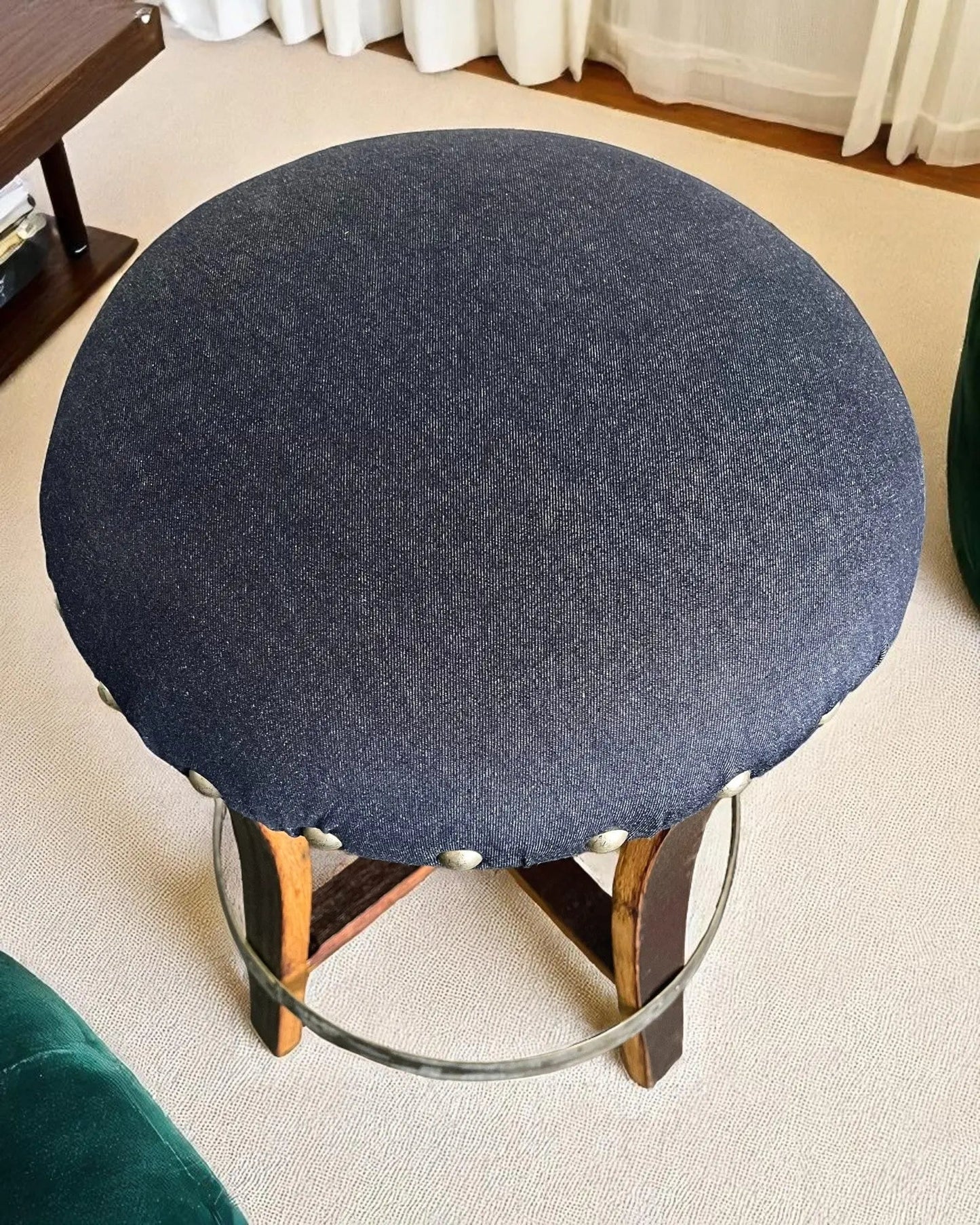 Dark Navy Blue Oak Barrel Bar Stool