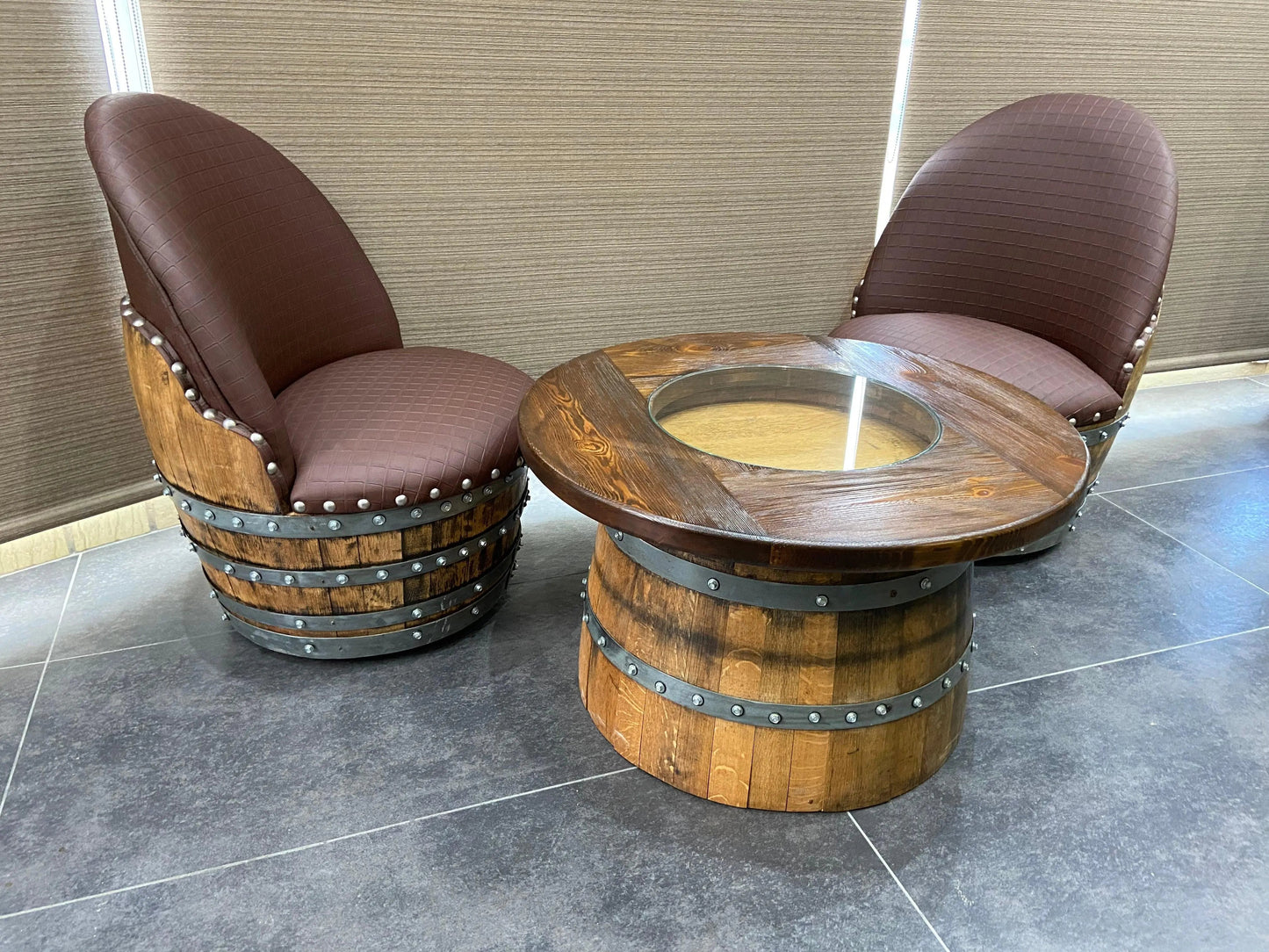 Rustic Whiskey Barrel Coffee Table Furniture Set