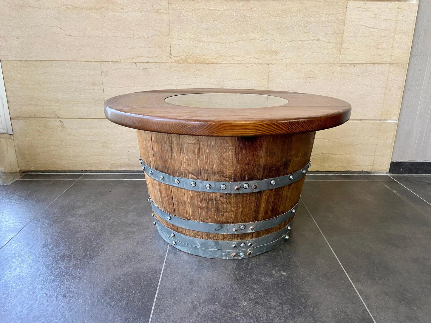Rustic Whiskey Barrel Coffee Table Furniture Set