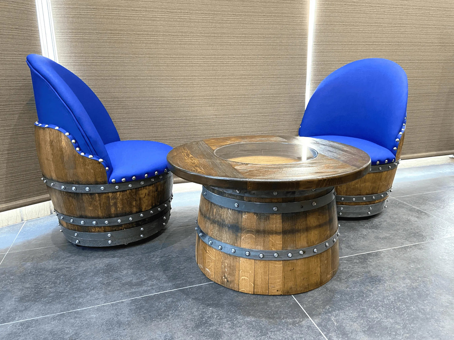 Rustic Whiskey Barrel Coffee Table Furniture Set