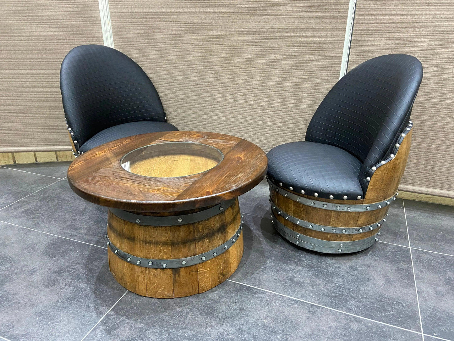 Rustic Whiskey Barrel Coffee Table Furniture Set