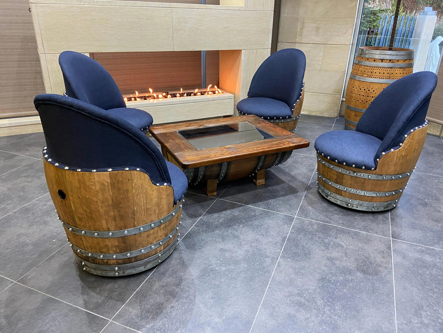 Rustic Whiskey Barrel Furniture Set - Dark Oak Coffee Table