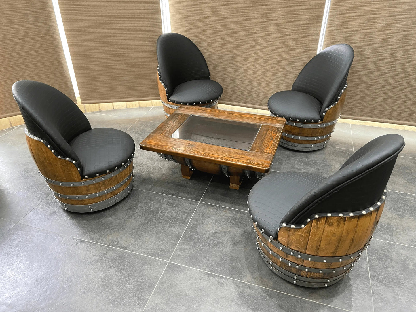 Rustic Whiskey Barrel Furniture Set - Dark Oak Coffee Table
