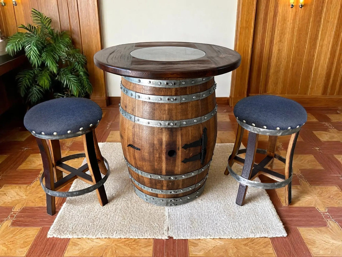 Dark Navy Blue Oak Barrel Bar Stool