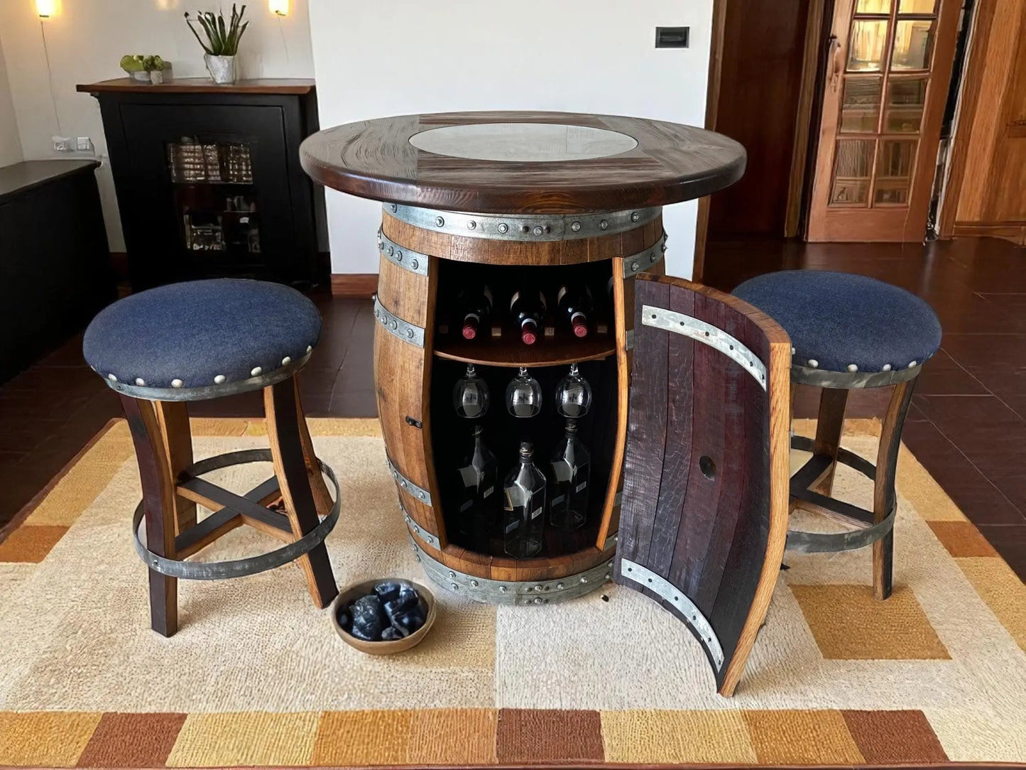 Oak Barrel Pub Table Set - Counter Height Wood Glass Top