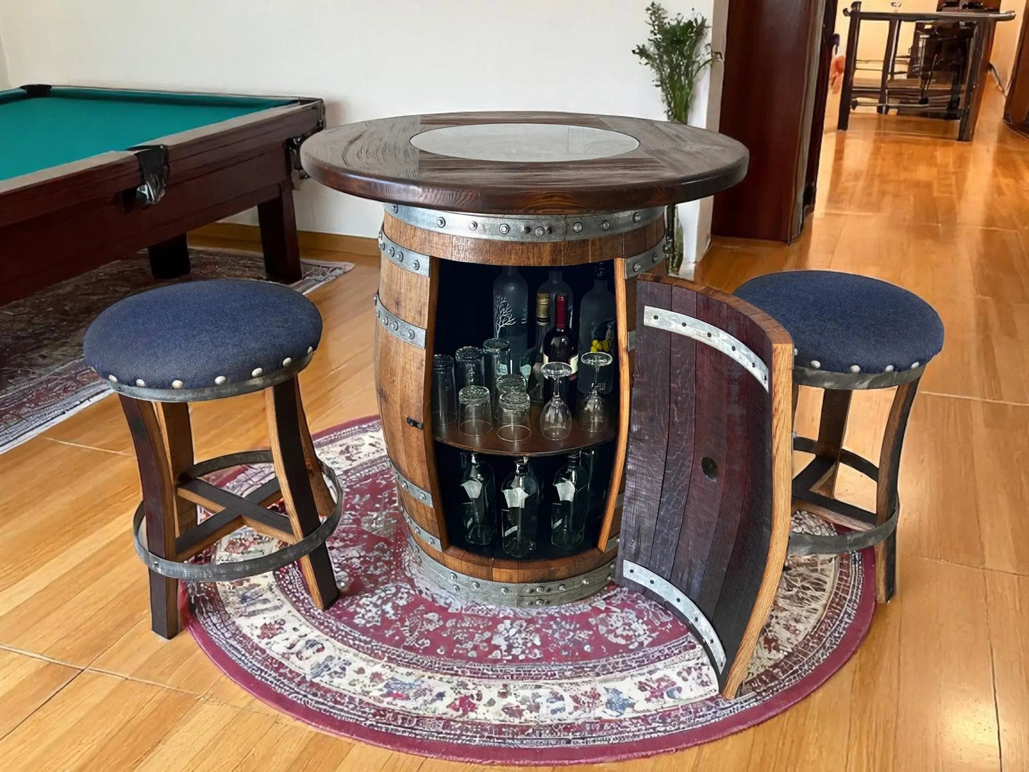 Dark Navy Blue Oak Barrel Bar Stool