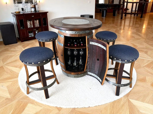 Oak Barrel Pub Table Set - Counter Height Wood Glass Top
