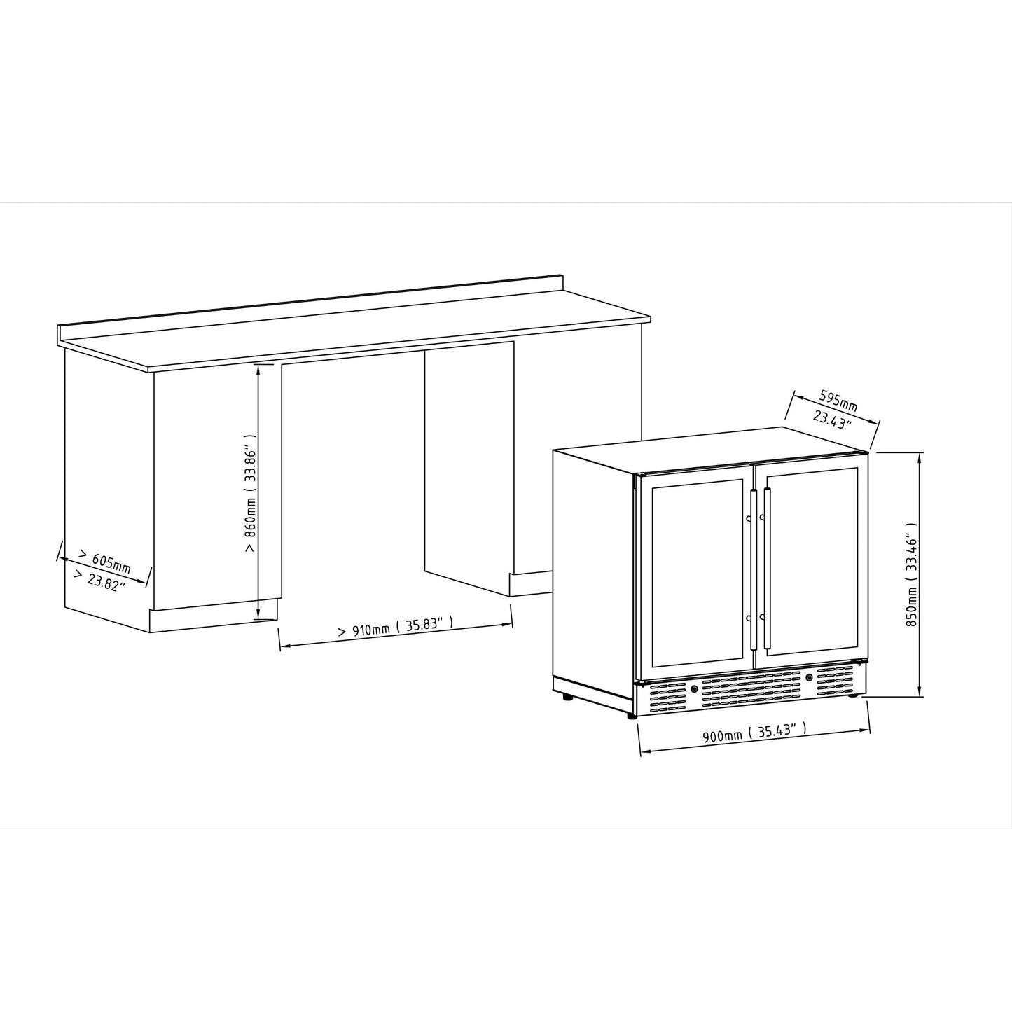 KingsBottle 36" Dual Zone Beer & Wine Refrigerator – Built-In Beverage & Wine Cooler with Low-E Glass Door