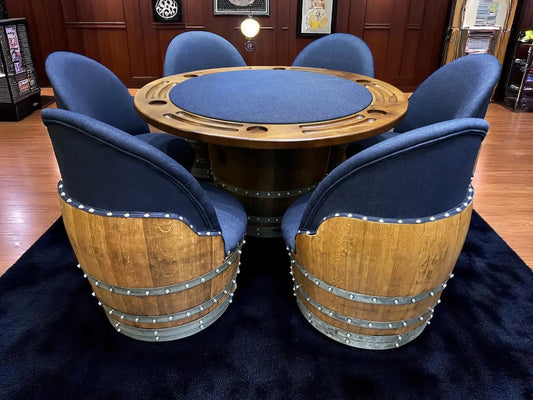 Dark Navy Blue Wine Barrel Poker Set with Game Table & Barrel Chair