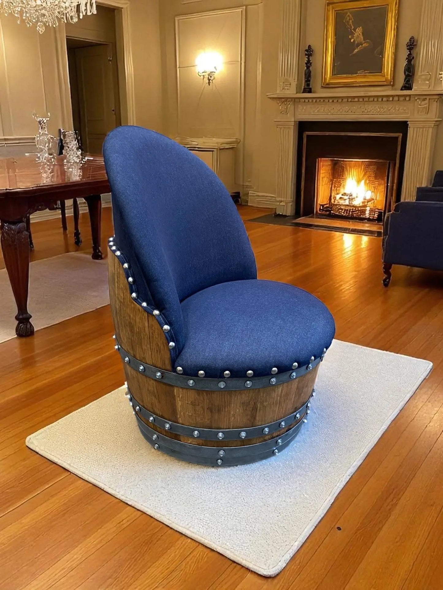 Dark Navy Blue Oak Barrel Chair