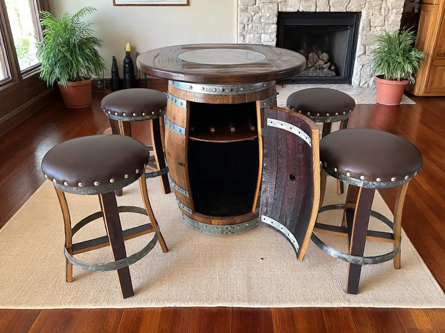 Oak Barrel Pub Table Set - Counter Height Wood Glass Top