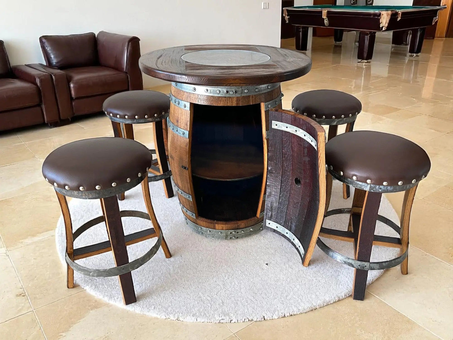 Oak Barrel Pub Table Set - Counter Height Wood Glass Top