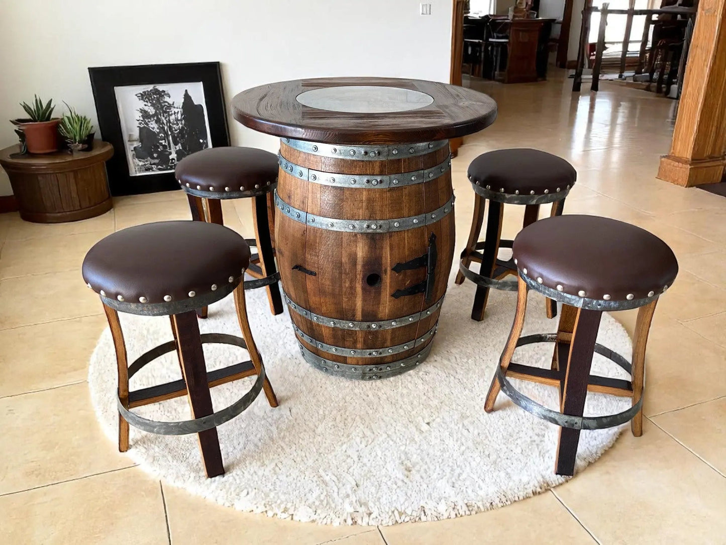 Oak Barrel Pub Table Set - Counter Height Wood Glass Top