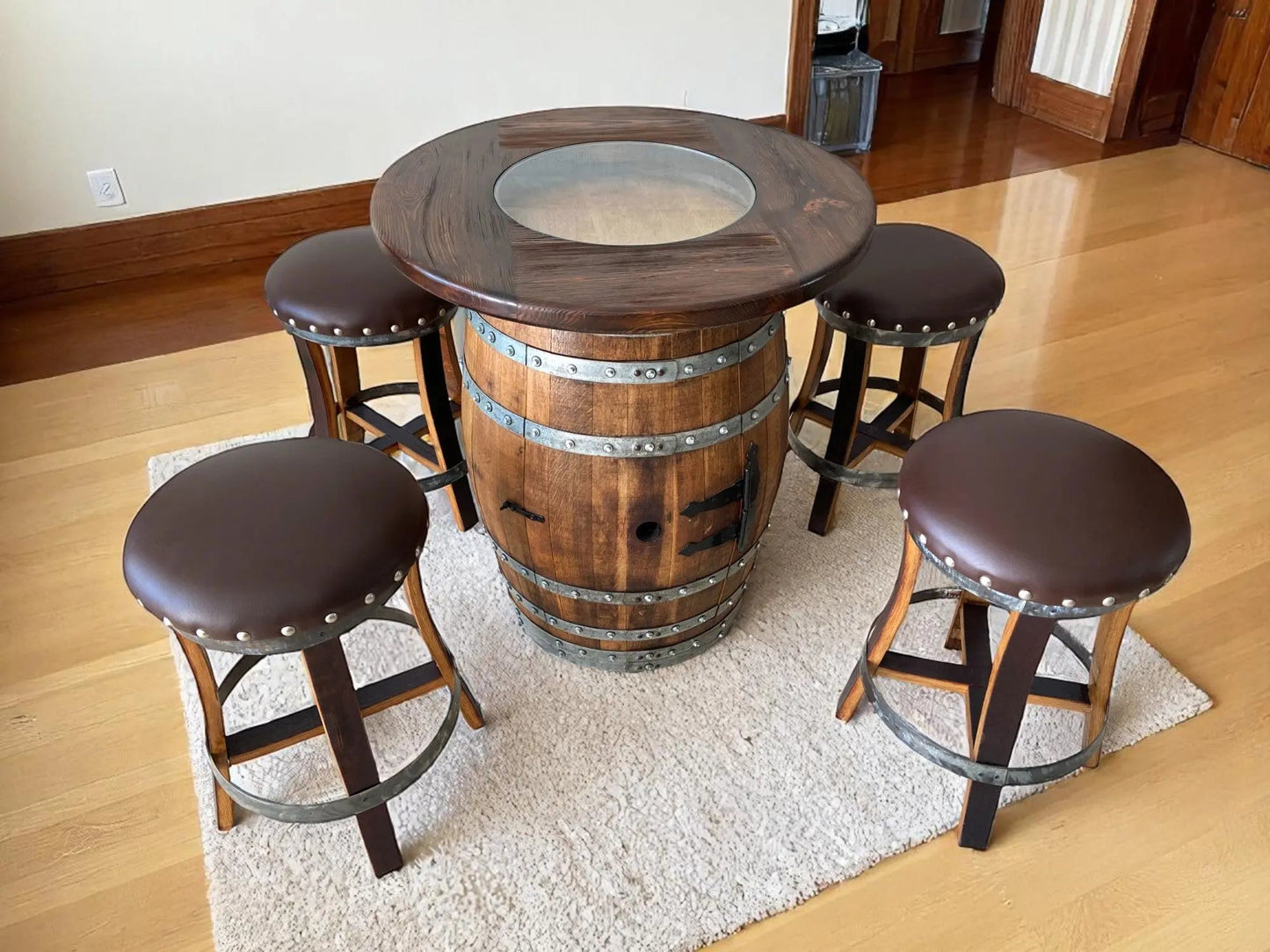 Oak Barrel Pub Table Set - Counter Height Wood Glass Top