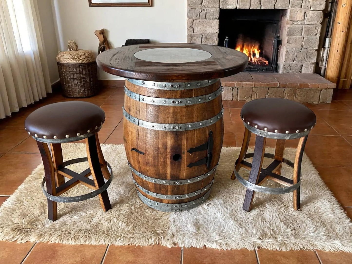Oak Barrel Pub Table Set - Counter Height Wood Glass Top