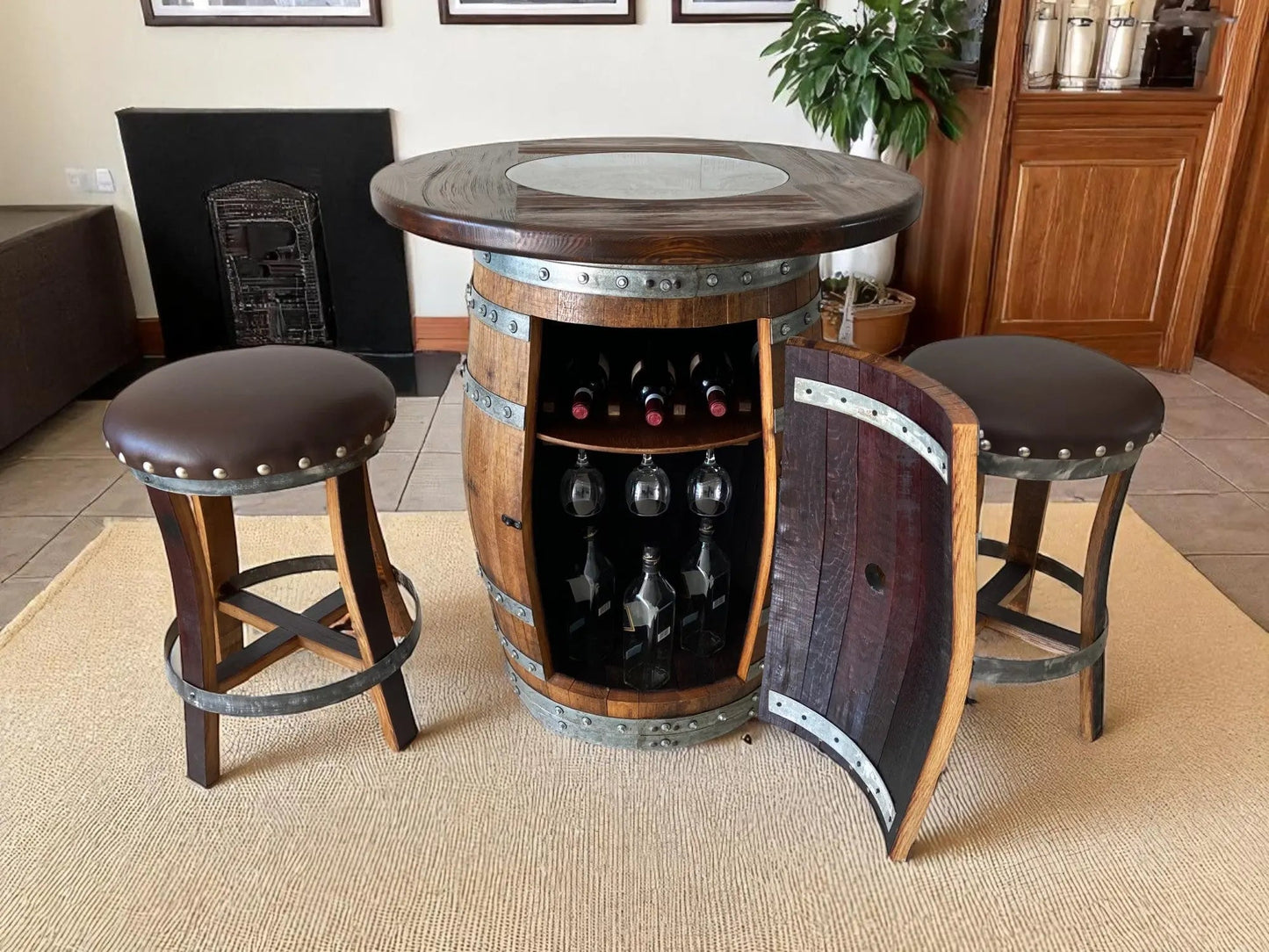 Oak Barrel Pub Table Set - Counter Height Wood Glass Top