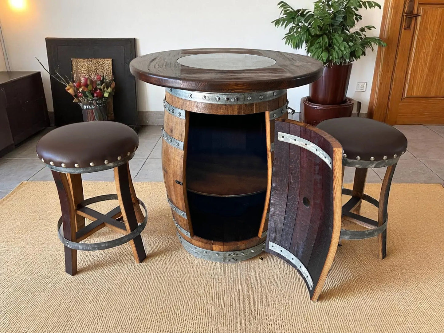 Oak Barrel Pub Table Set - Counter Height Wood Glass Top
