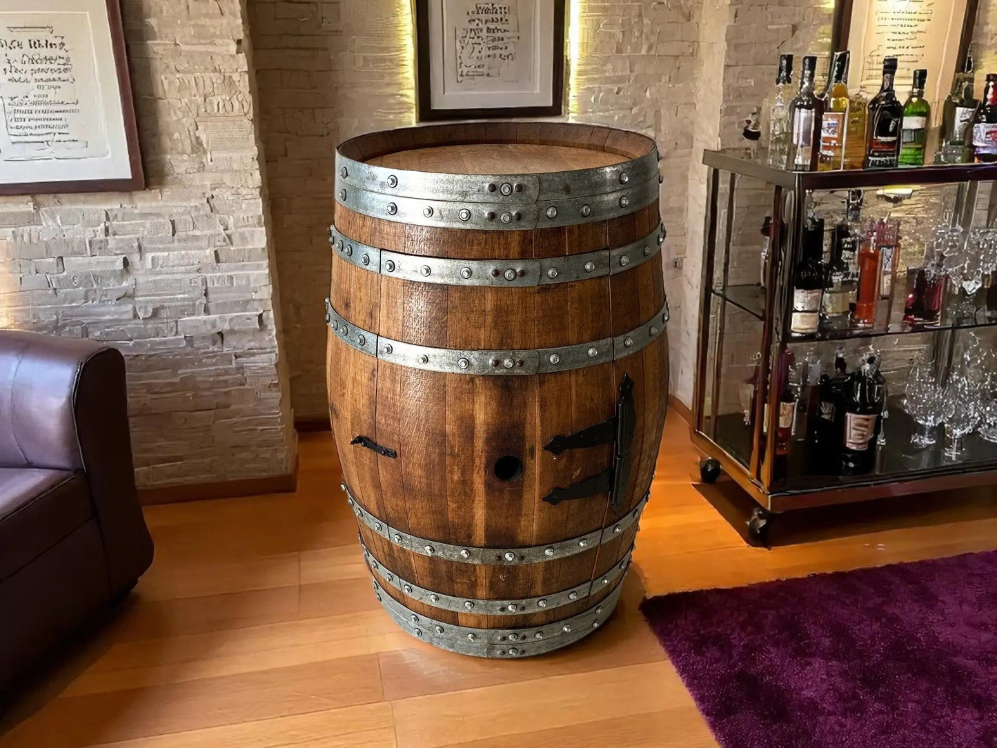 Oak Barrel Pub Table Set - Counter Height Wood Glass Top