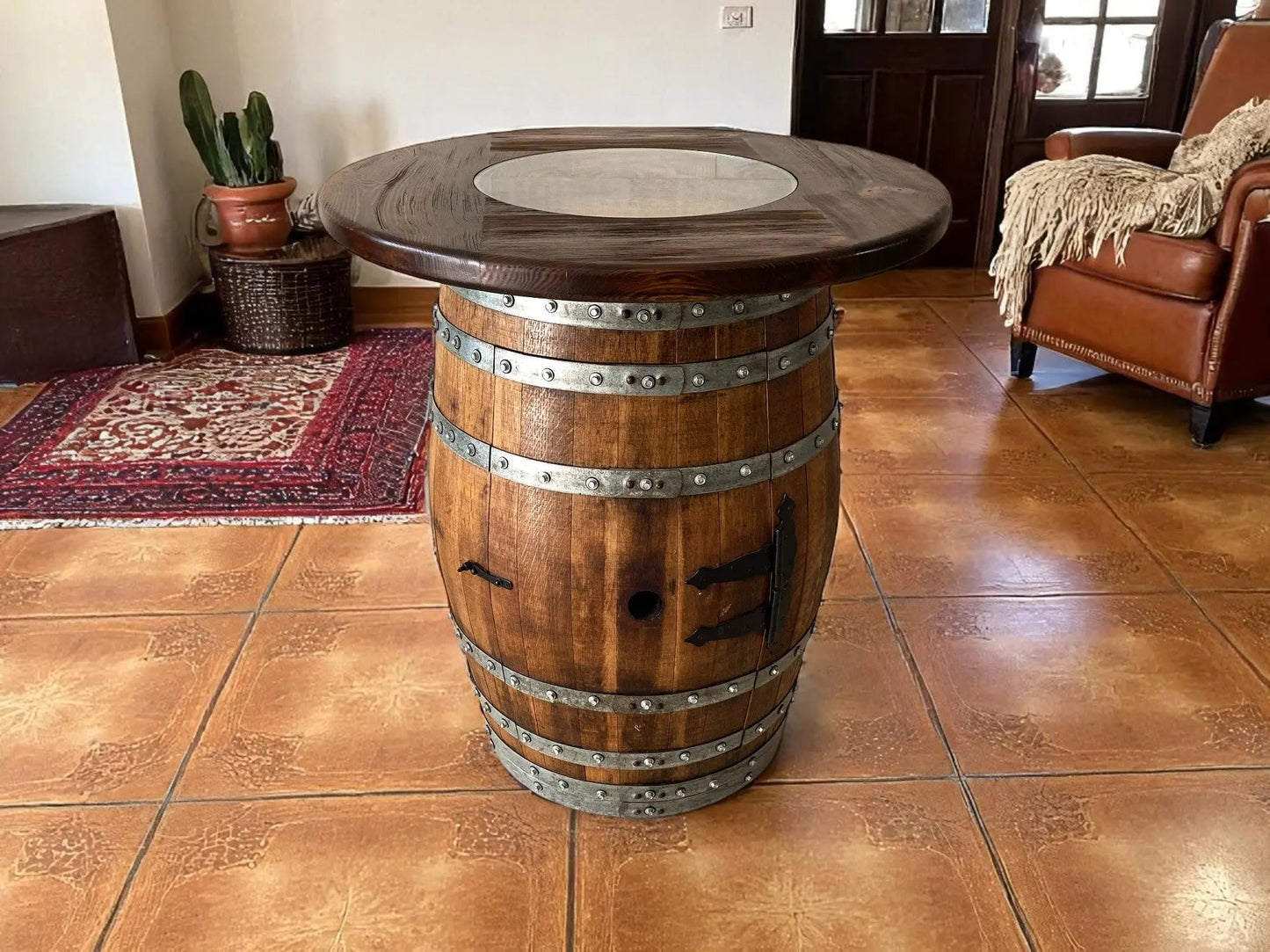 Oak Barrel Pub Table Set - Counter Height Wood Glass Top