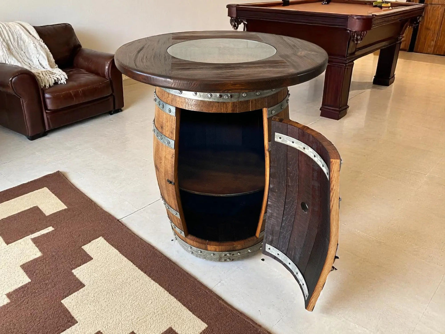Oak Barrel Pub Table Set - Counter Height Wood Glass Top