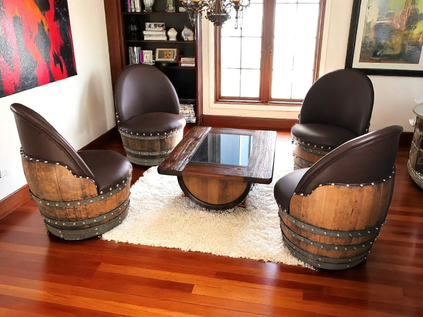 Rustic Whiskey Barrel Furniture Set - Dark Oak Coffee Table