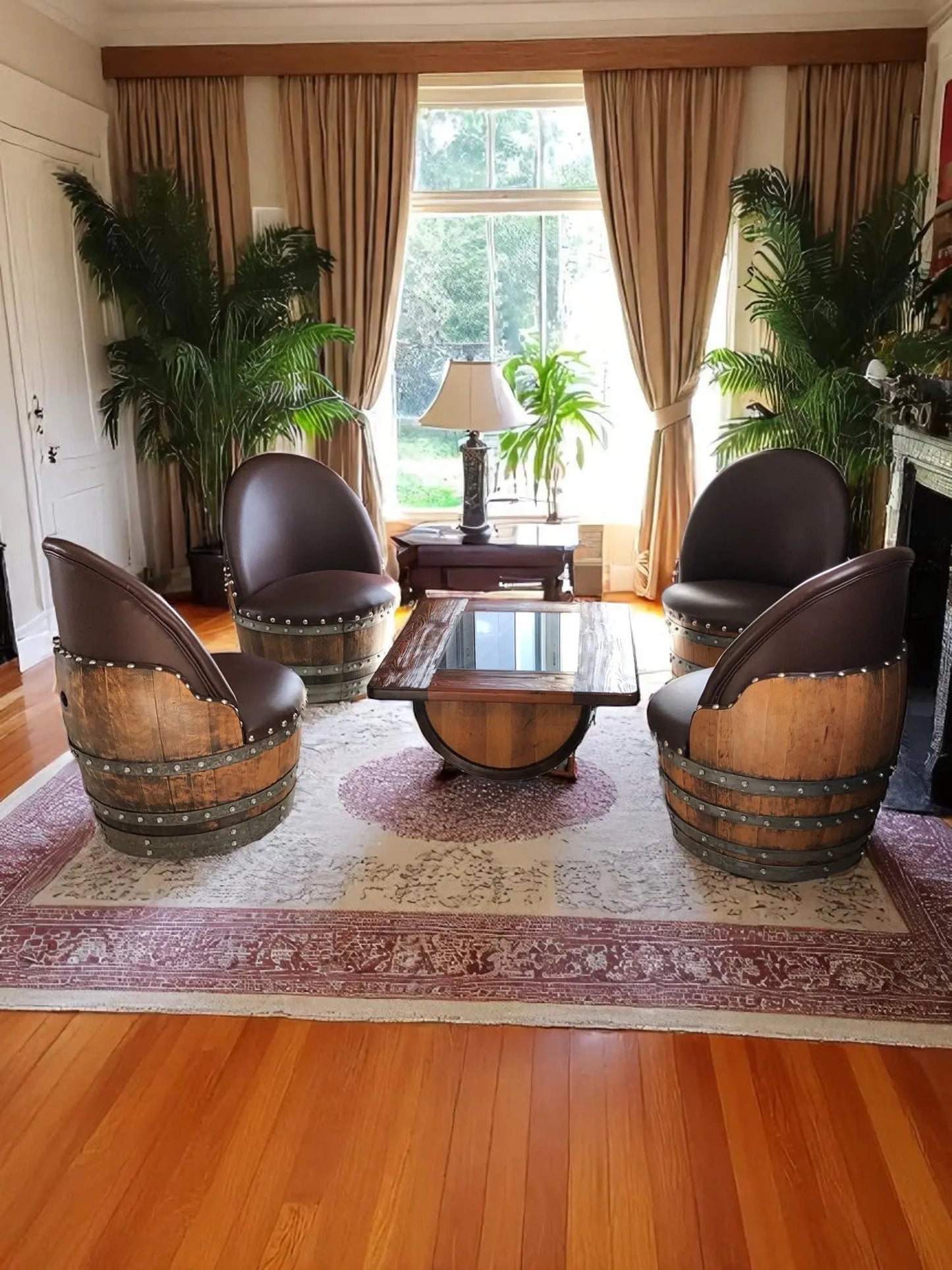 Rustic Whiskey Barrel Furniture Set - Dark Oak Coffee Table