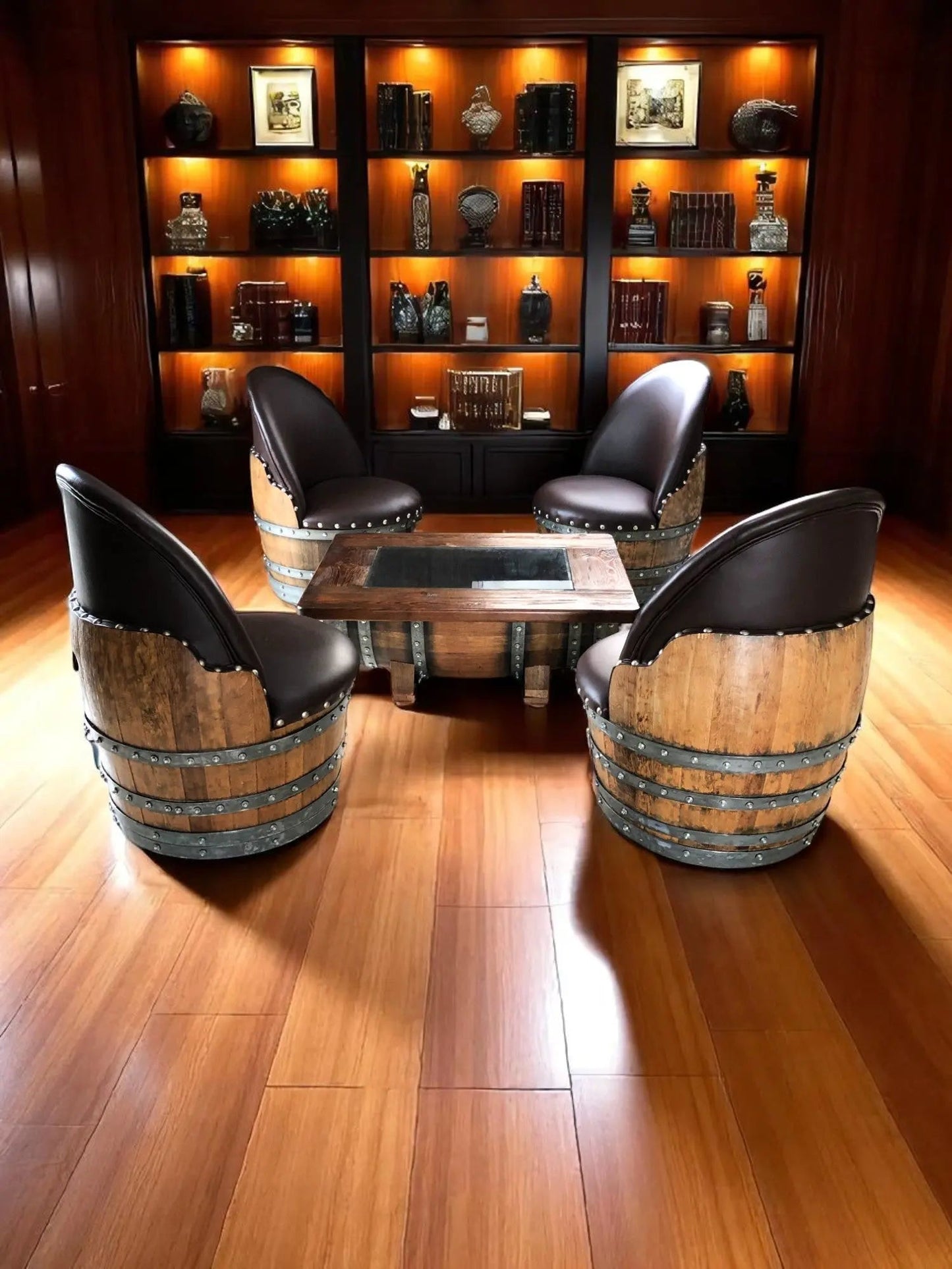 Rustic Whiskey Barrel Furniture Set - Dark Oak Coffee Table