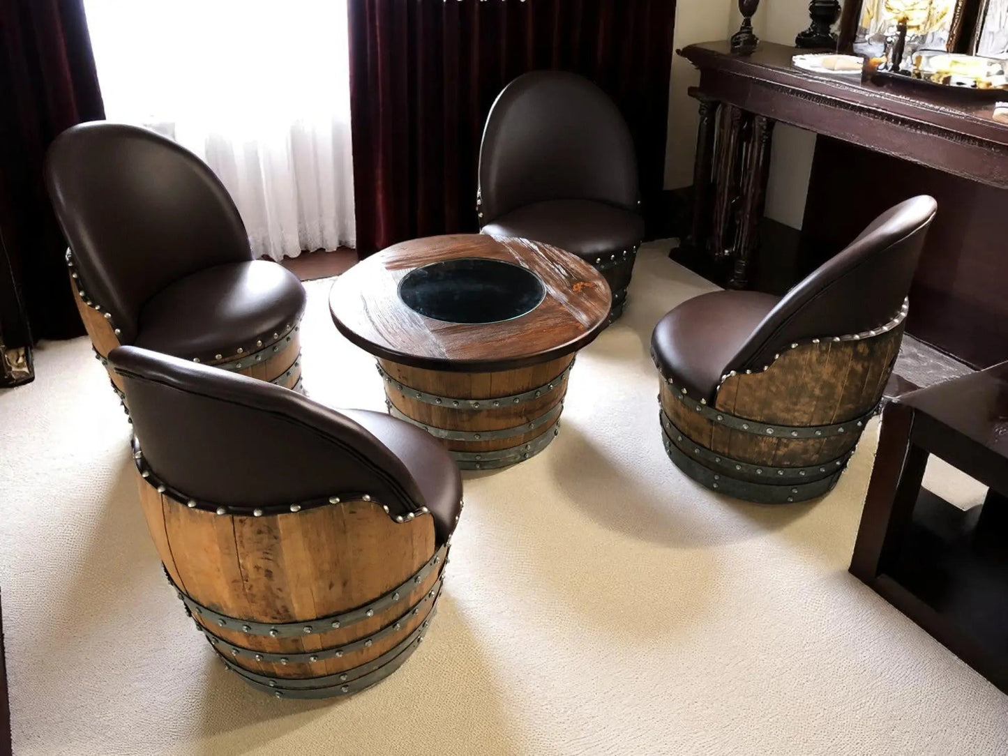 Rustic Whiskey Barrel Furniture Set - Round Coffee Table