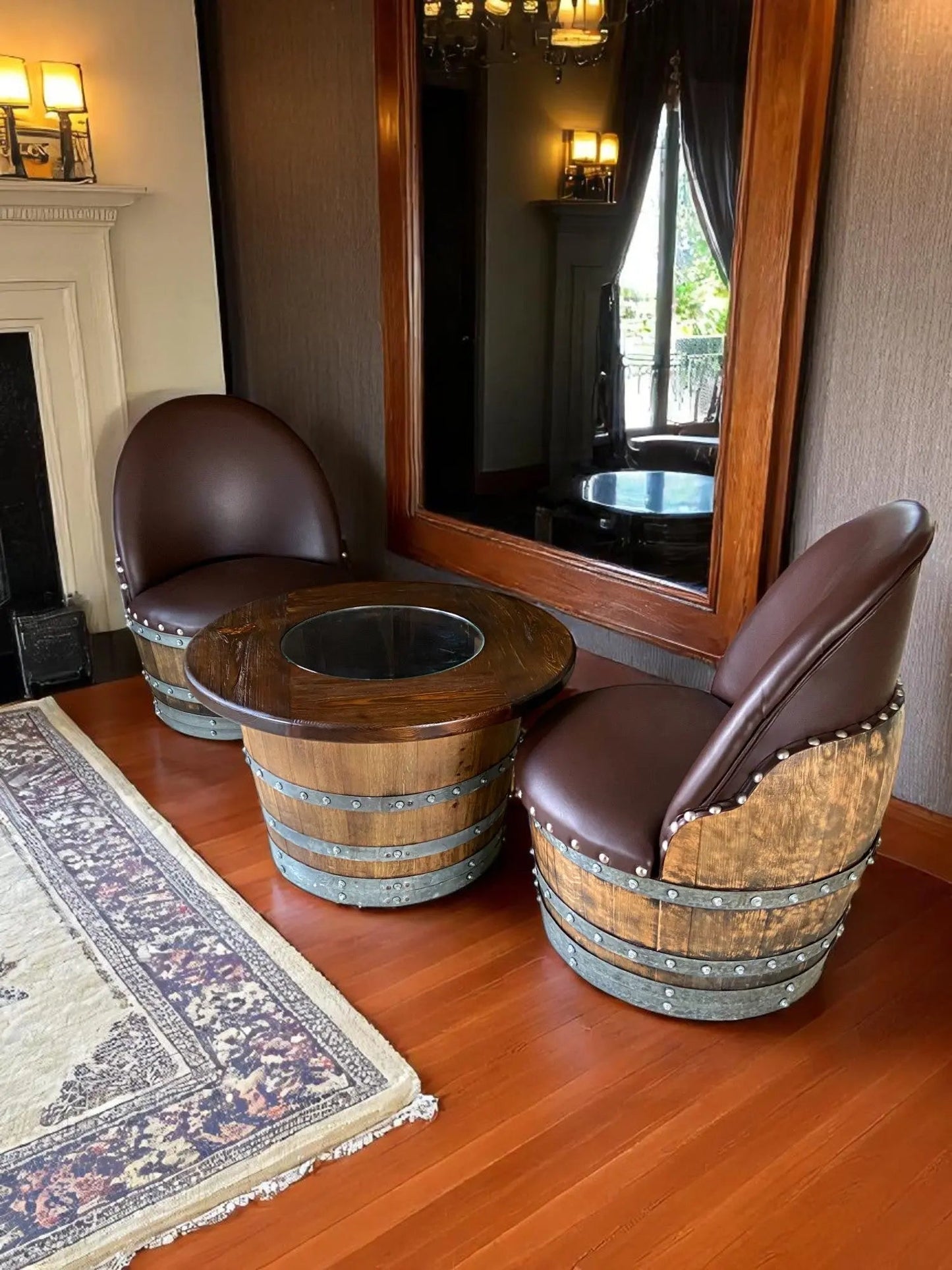 Rustic Whiskey Barrel Coffee Table Furniture Set