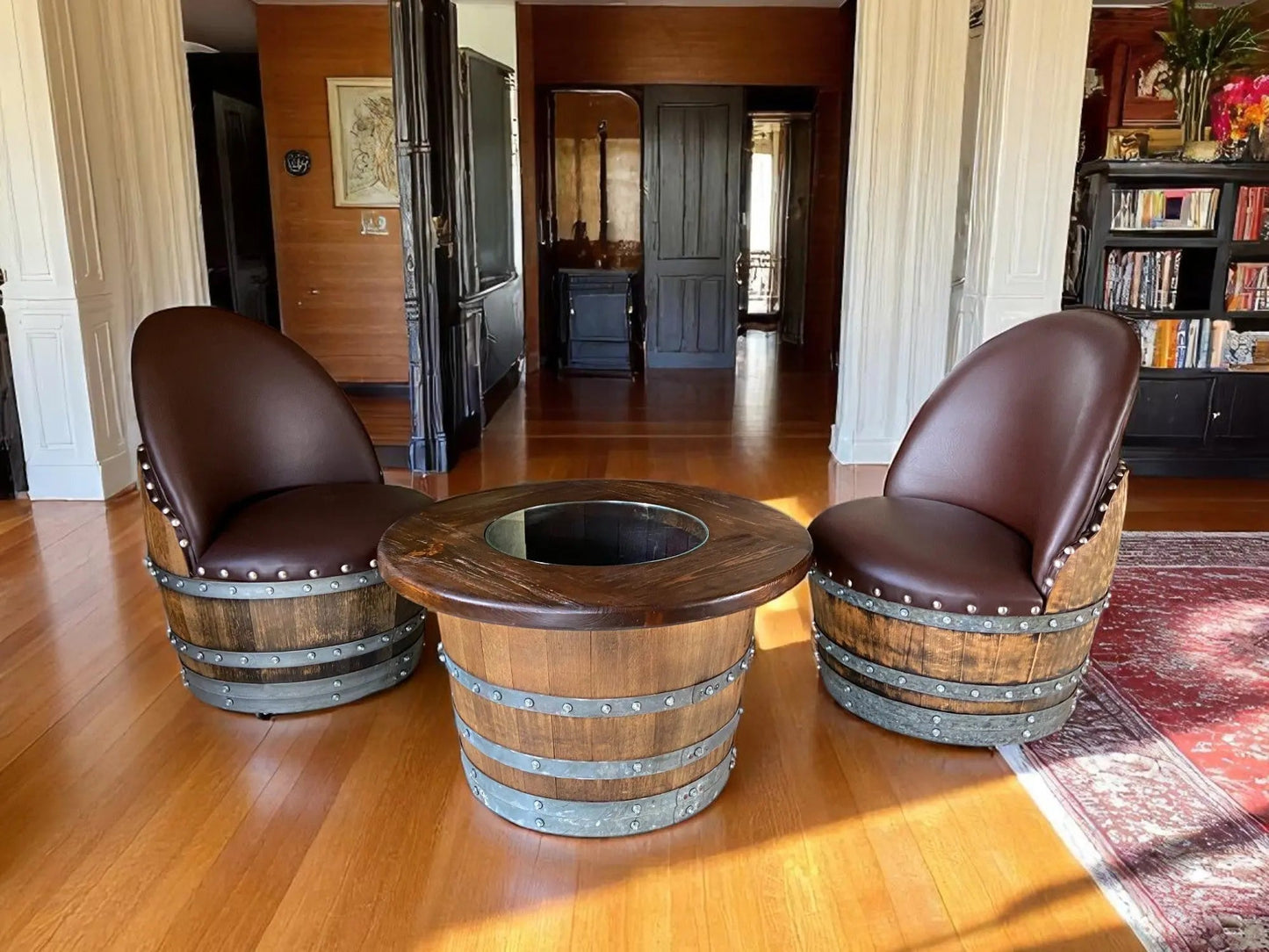 Rustic Whiskey Barrel Coffee Table Furniture Set