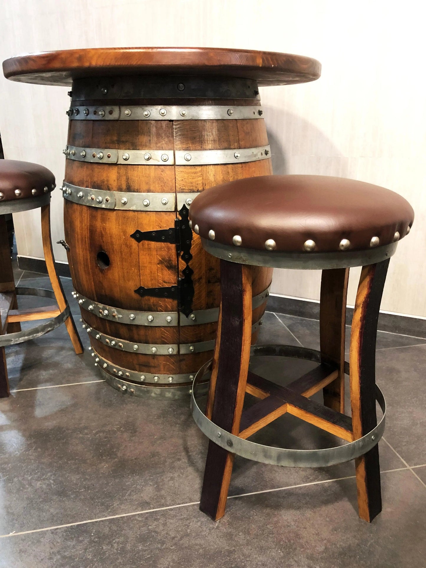 Brown Oak Barrel Bar Stool