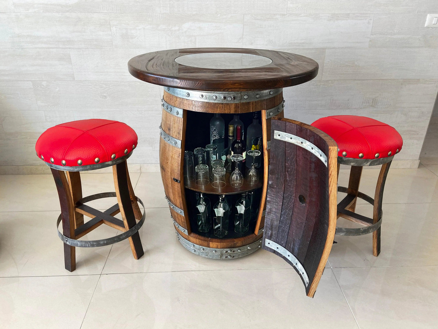 Oak Barrel Pub Table Set - Counter Height Wood Glass Top
