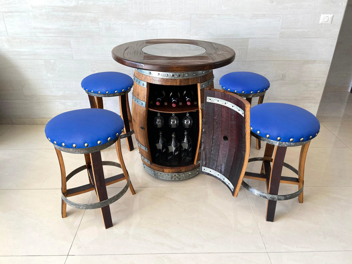 Oak Barrel Pub Table Set - Counter Height Wood Glass Top
