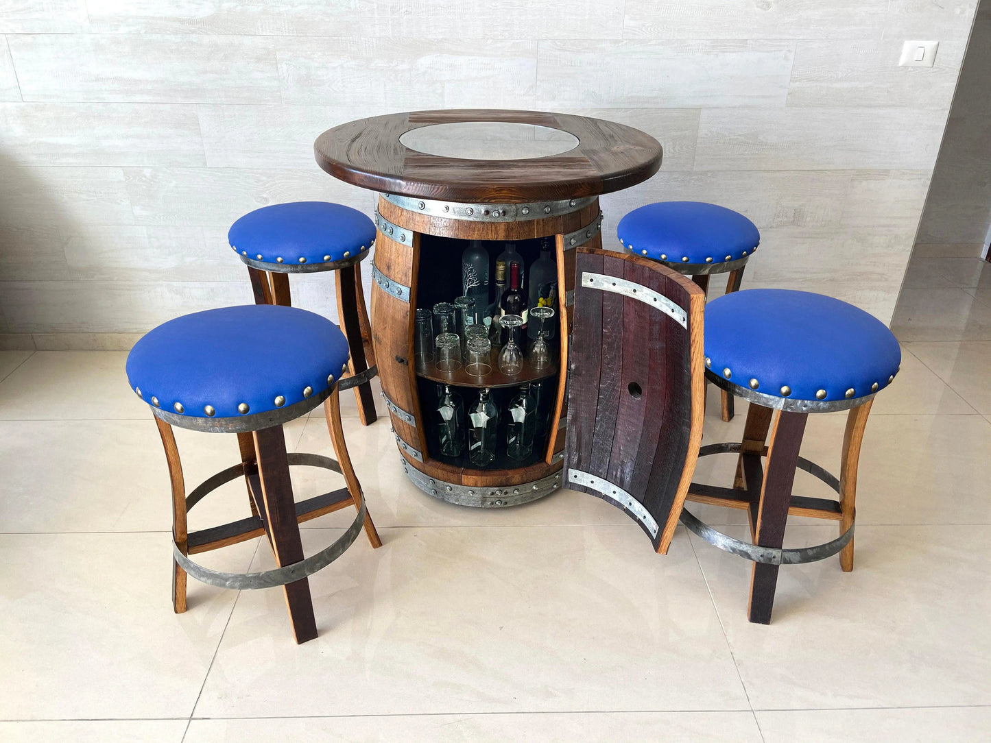 Oak Barrel Pub Table Set - Counter Height Wood Glass Top