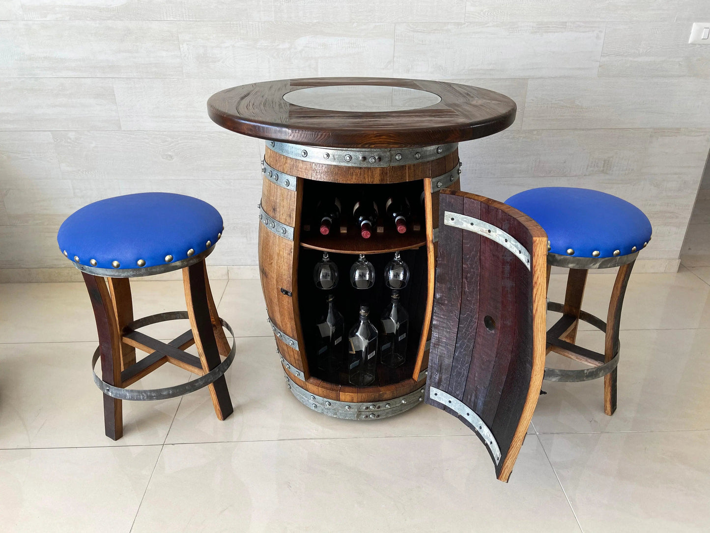 Oak Barrel Pub Table Set - Counter Height Wood Glass Top
