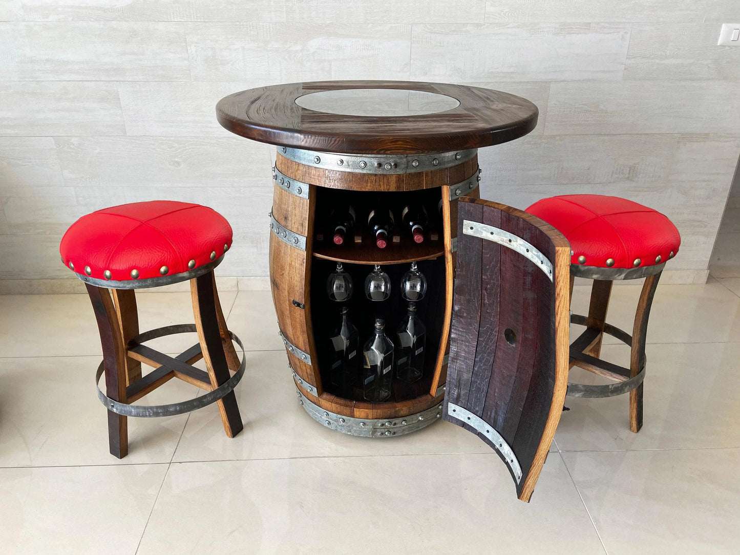 Oak Barrel Pub Table Set - Counter Height Wood Glass Top
