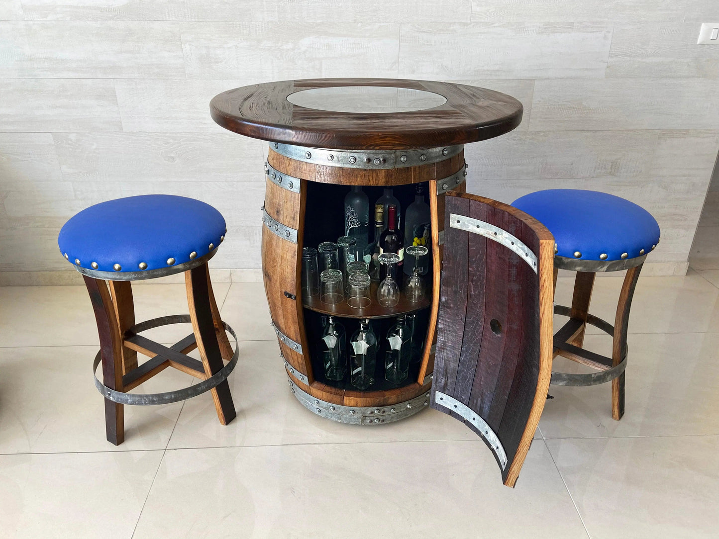 Oak Barrel Pub Table Set - Counter Height Wood Glass Top