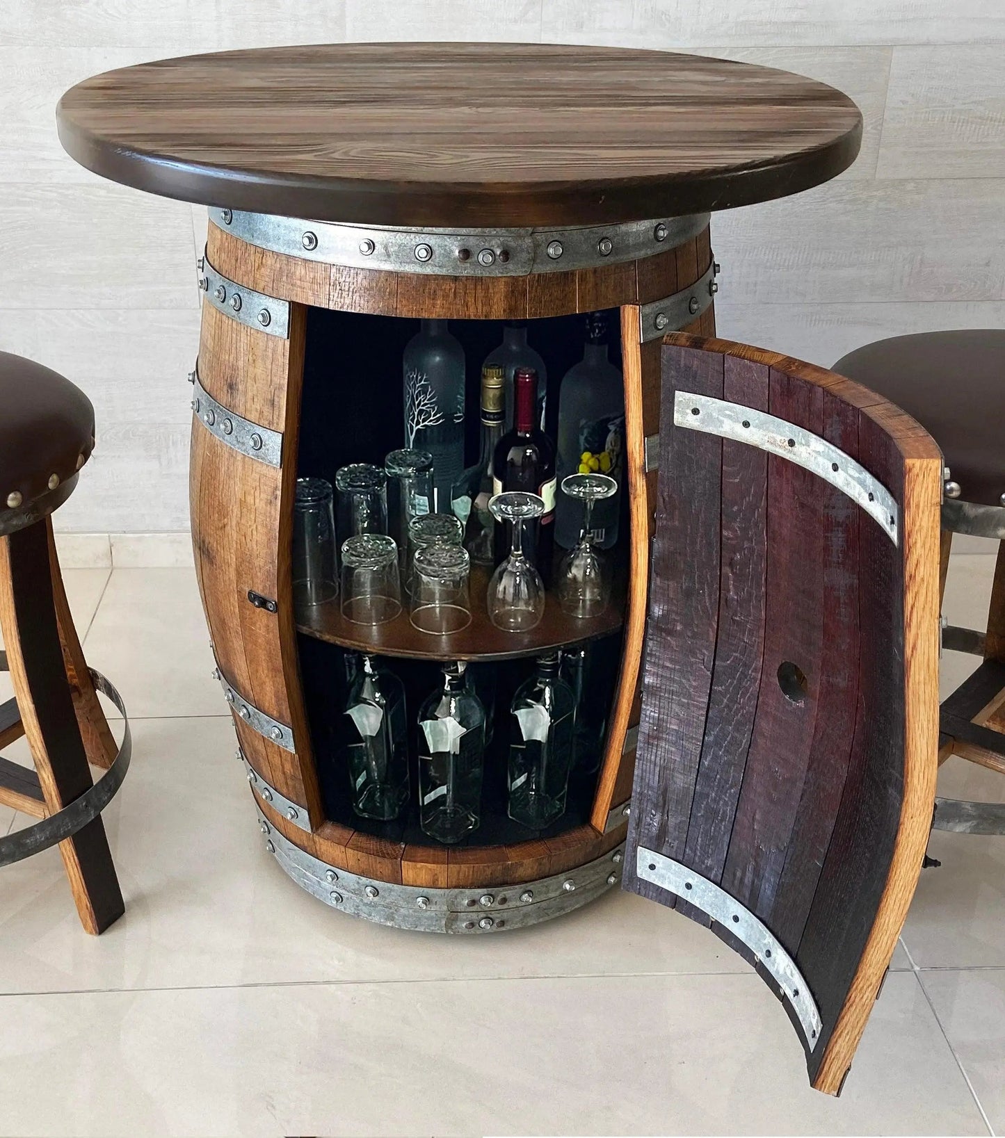 Oak Barrel Pub Table Set - Counter Height Wood Glass Top