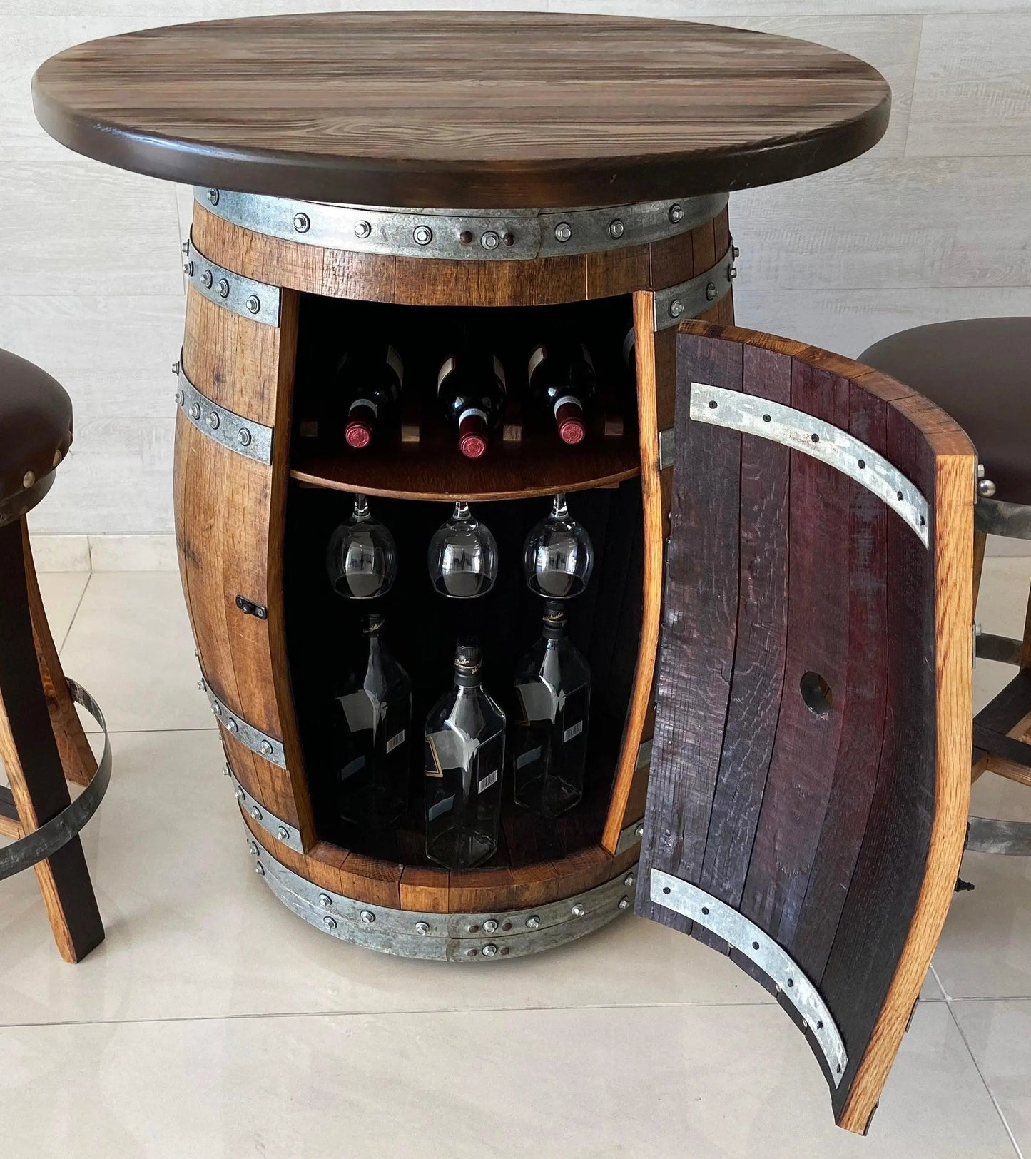 Oak Barrel Pub Table Set - Counter Height Wood Glass Top