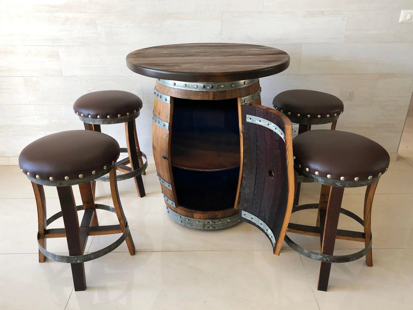 Oak Barrel Pub Table Set - Counter Height Wood Glass Top