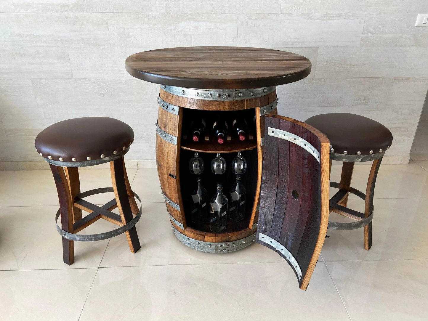 Oak Barrel Pub Table Set - Counter Height Wood Glass Top
