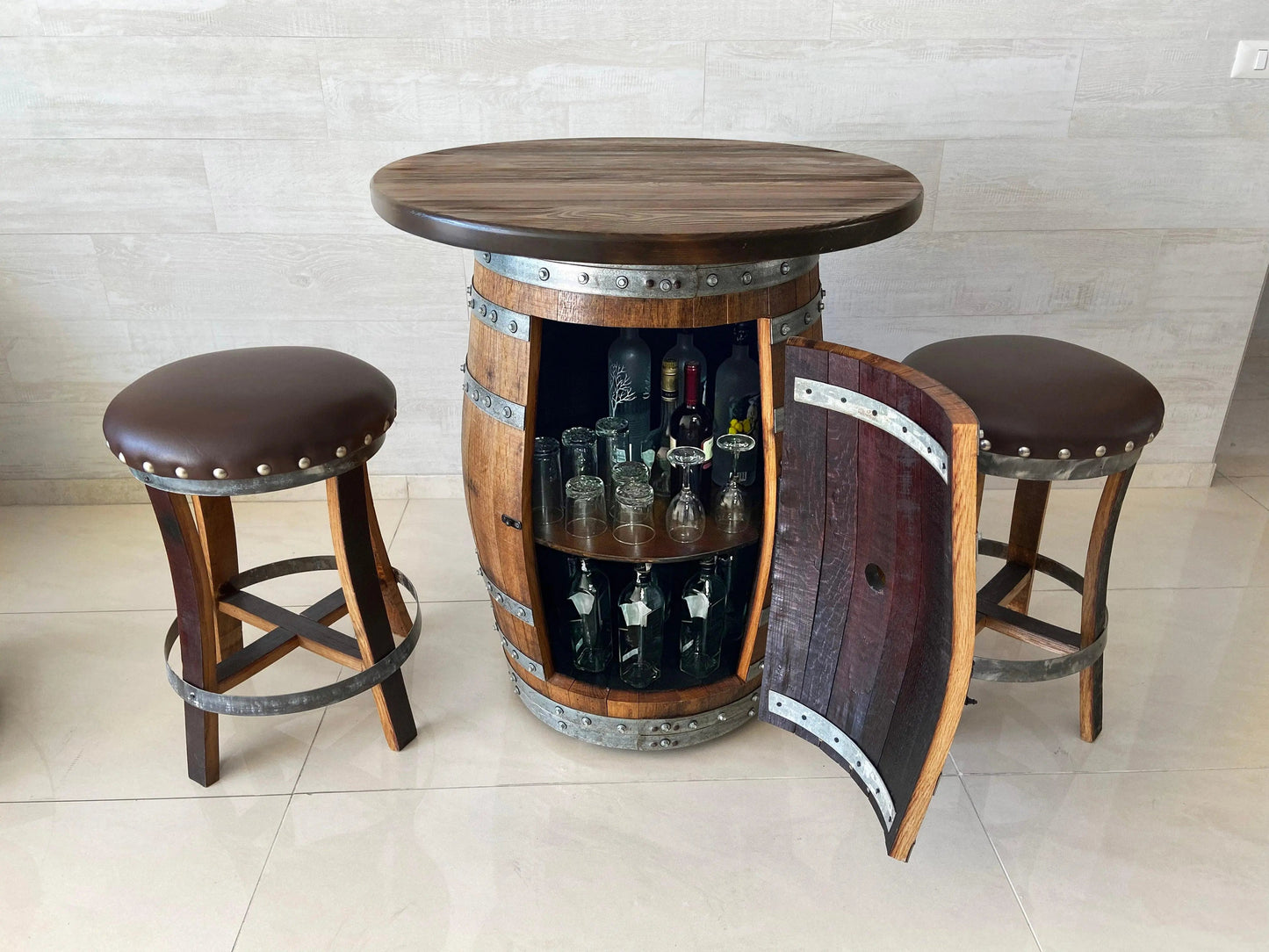 Oak Barrel Pub Table Set - Counter Height Wood Glass Top