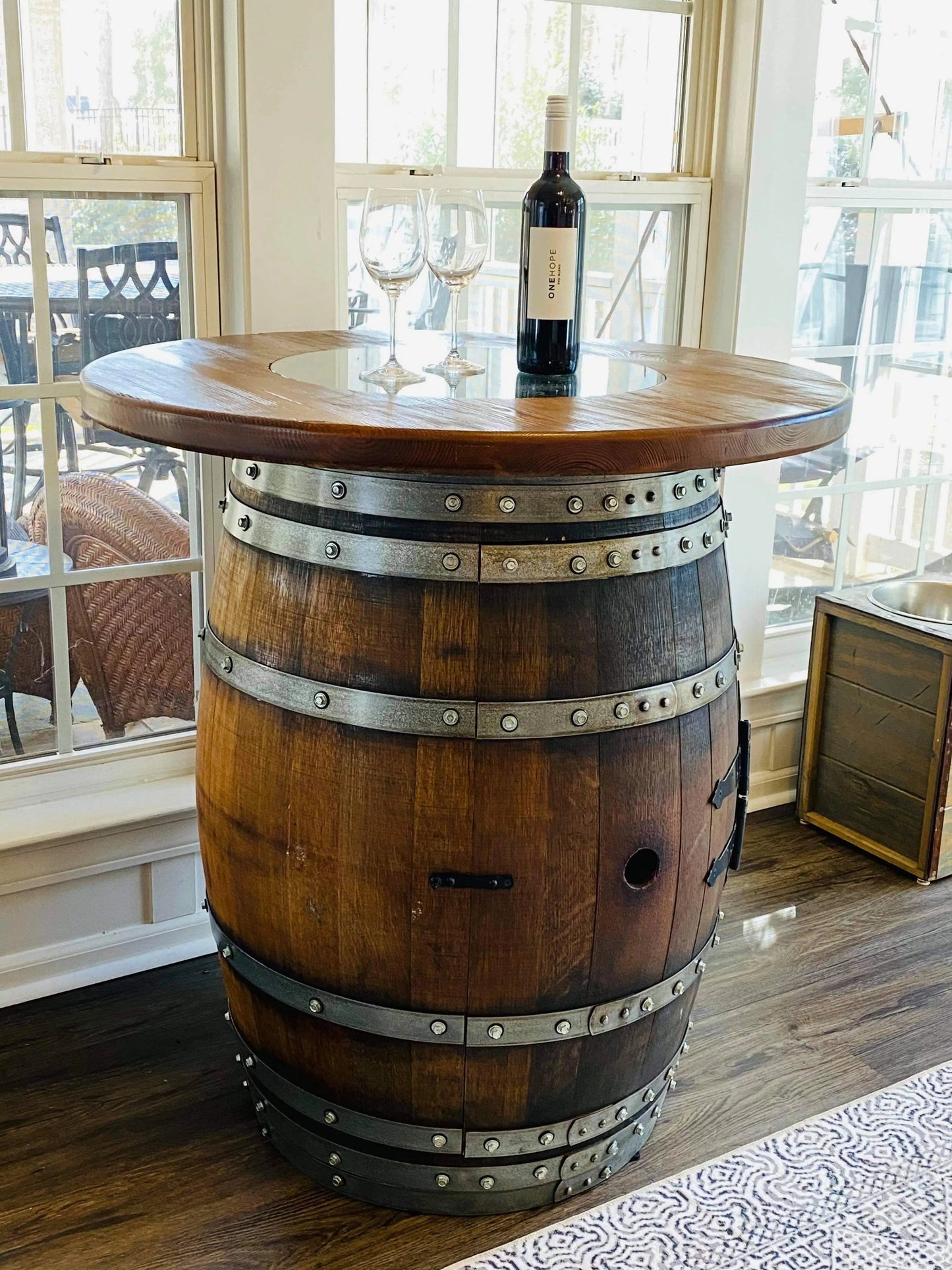Whiskey Barrel Table Top with Glass Center