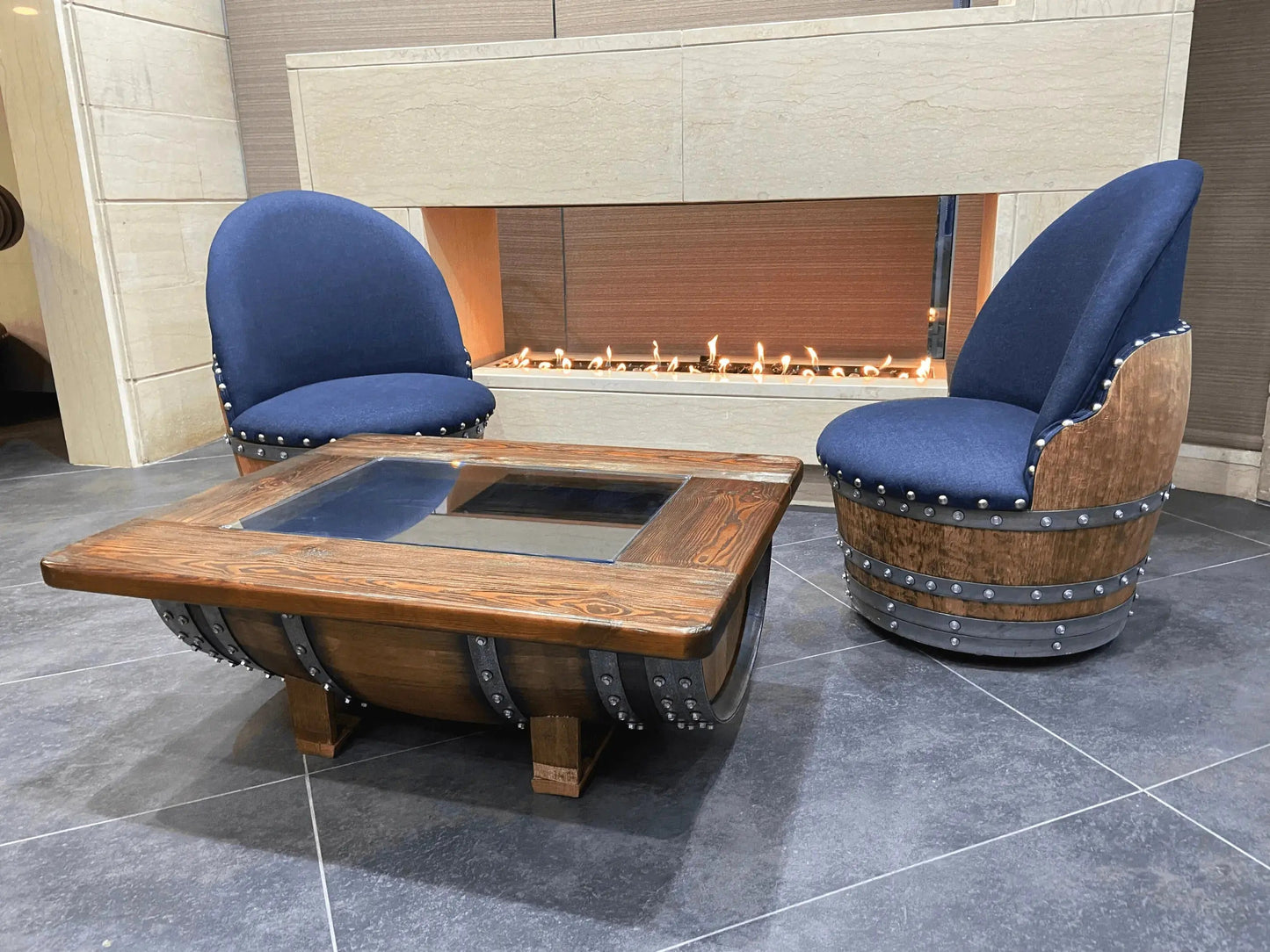 Dark Navy Blue Oak Barrel Chair