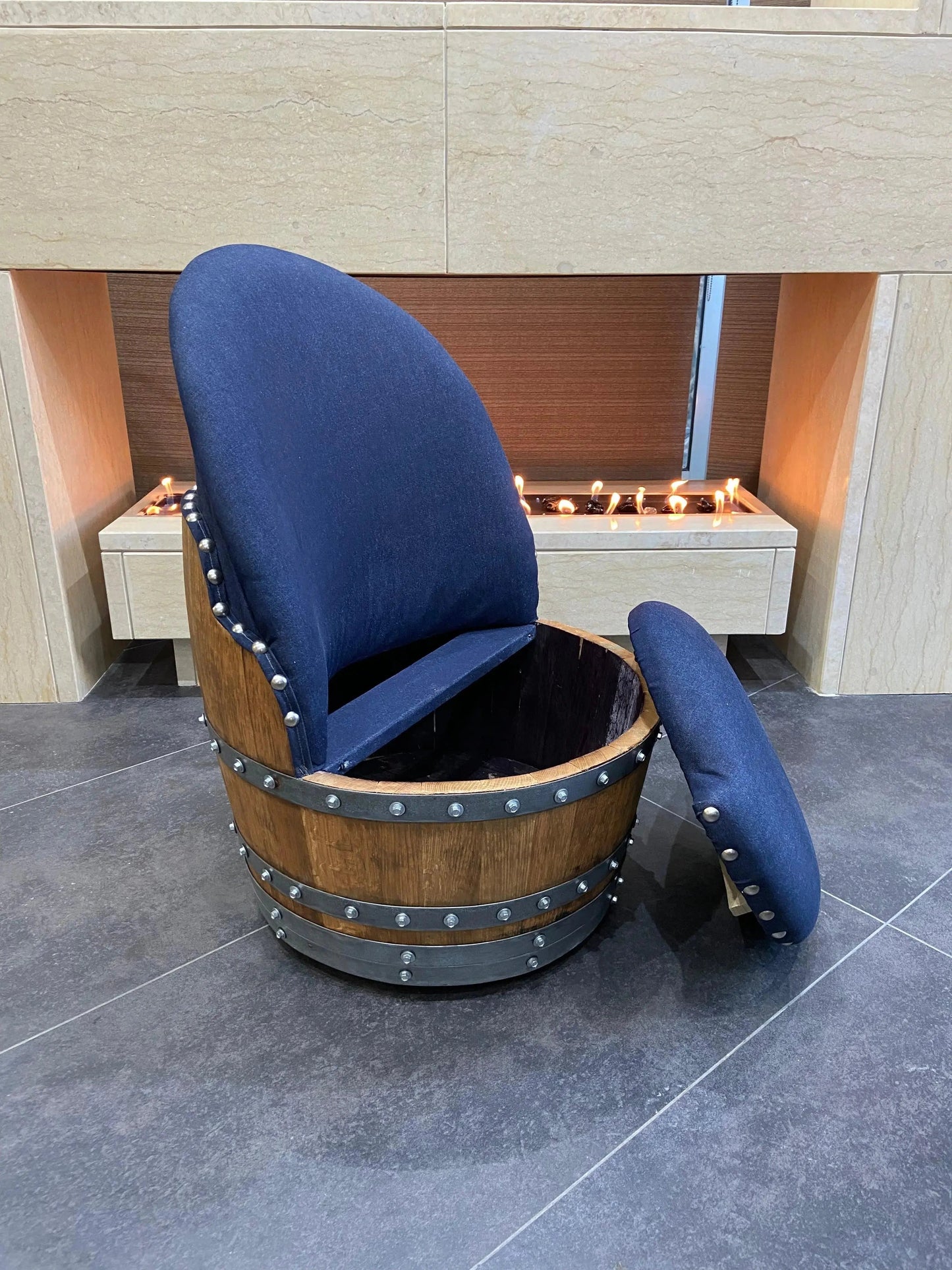 Dark Navy Blue Oak Barrel Chair