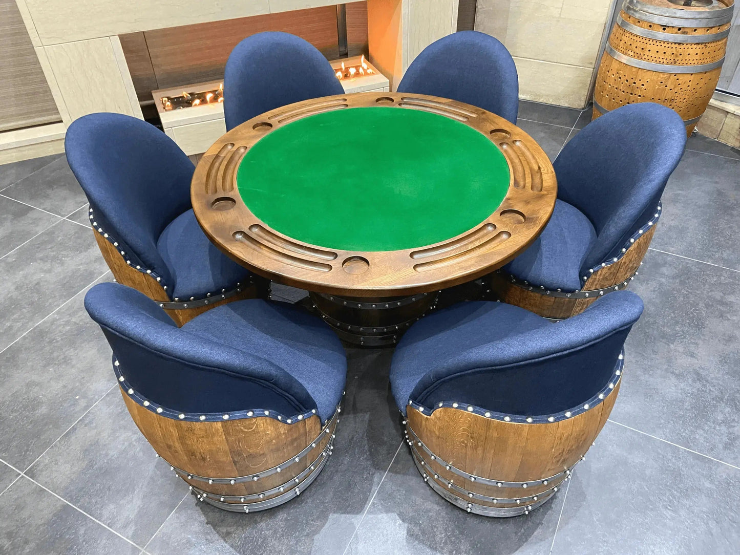 Dark Navy Blue Oak Barrel Chair