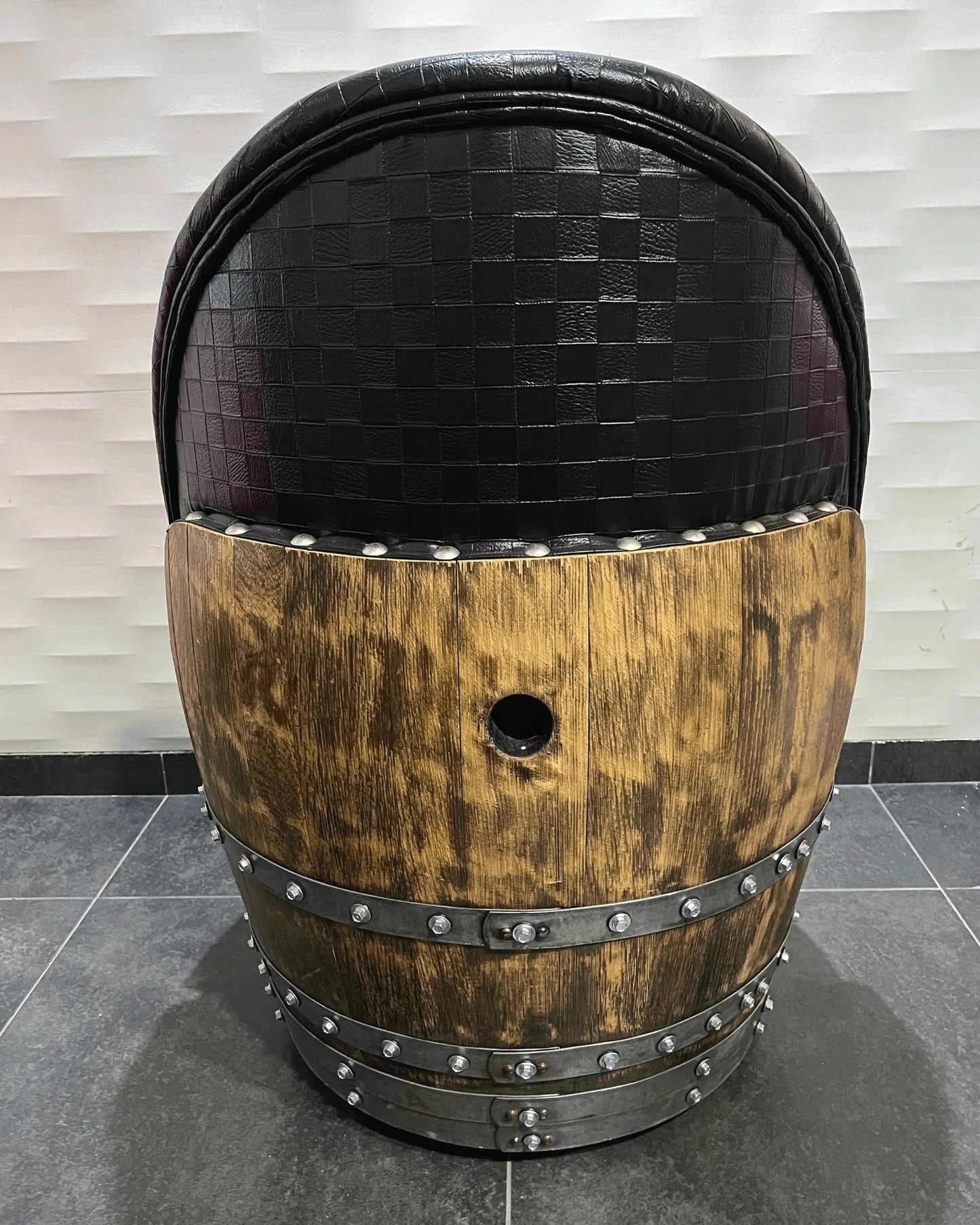 Checkered Black Oak Barrel Chair