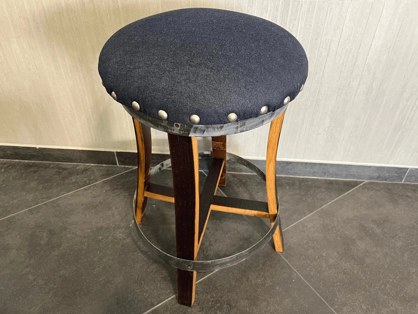 Dark Navy Blue Oak Barrel Bar Stool