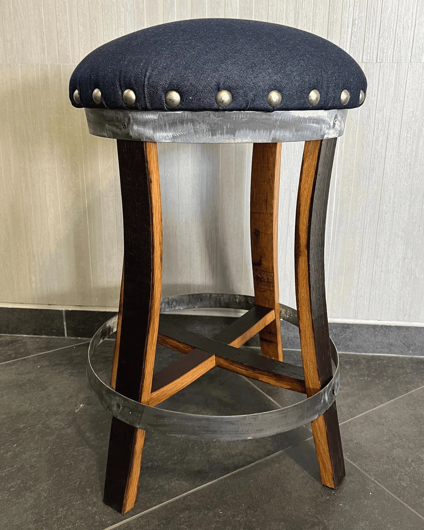 Dark Navy Blue Oak Barrel Bar Stool