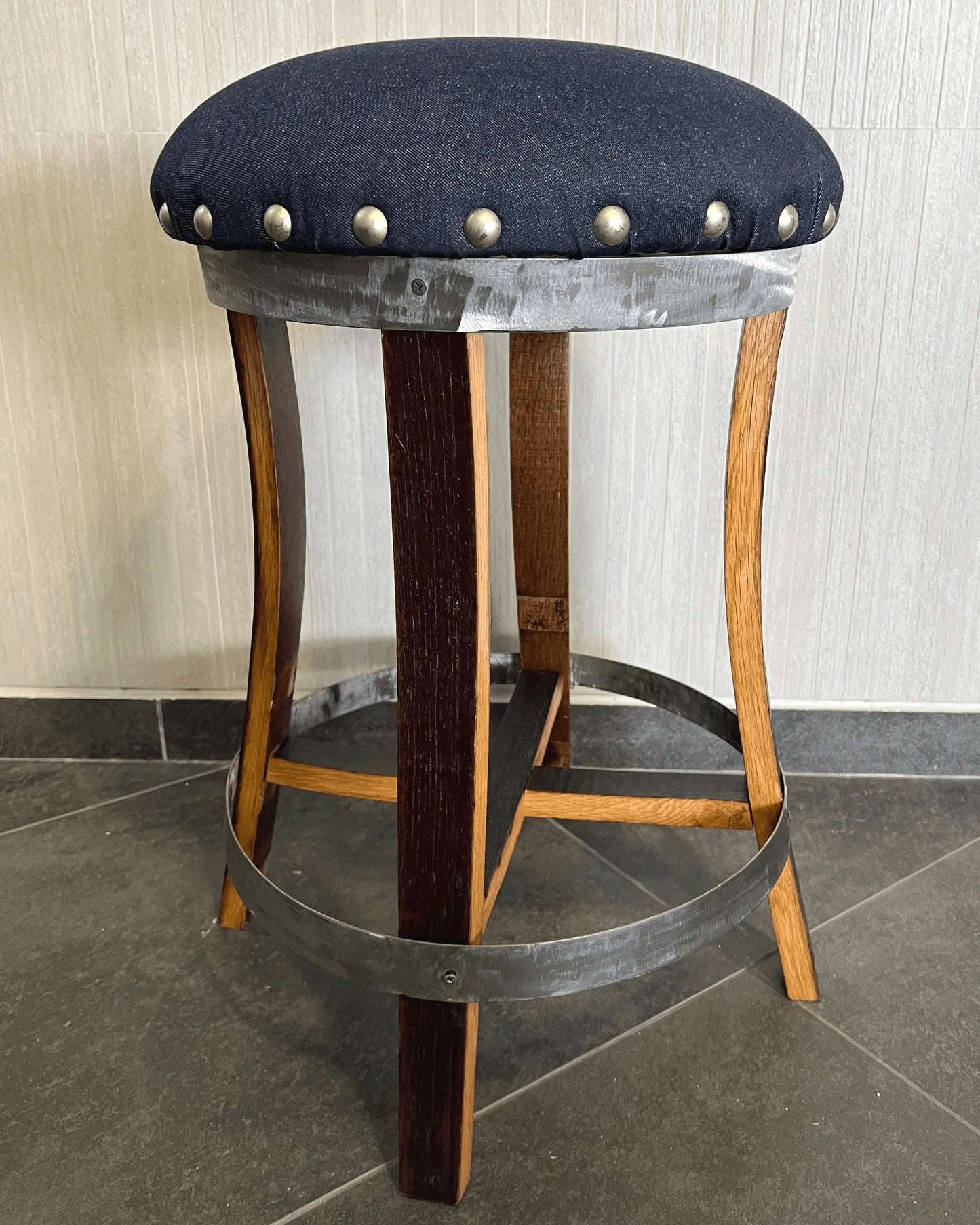 Dark Navy Blue Oak Barrel Bar Stool